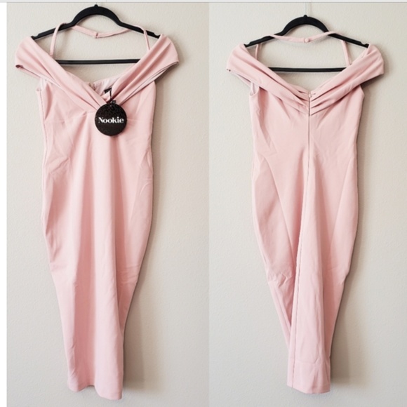 NOOKIE: Athena Off Shoulder Light Pink Midi Dress (NWT) - Picture 7 of 8